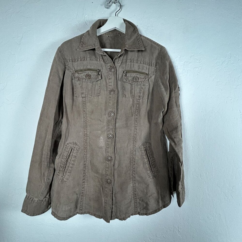 Cabi Womens Button Front Linen Utility Sahara Jacket Medium Pockets Lightweight